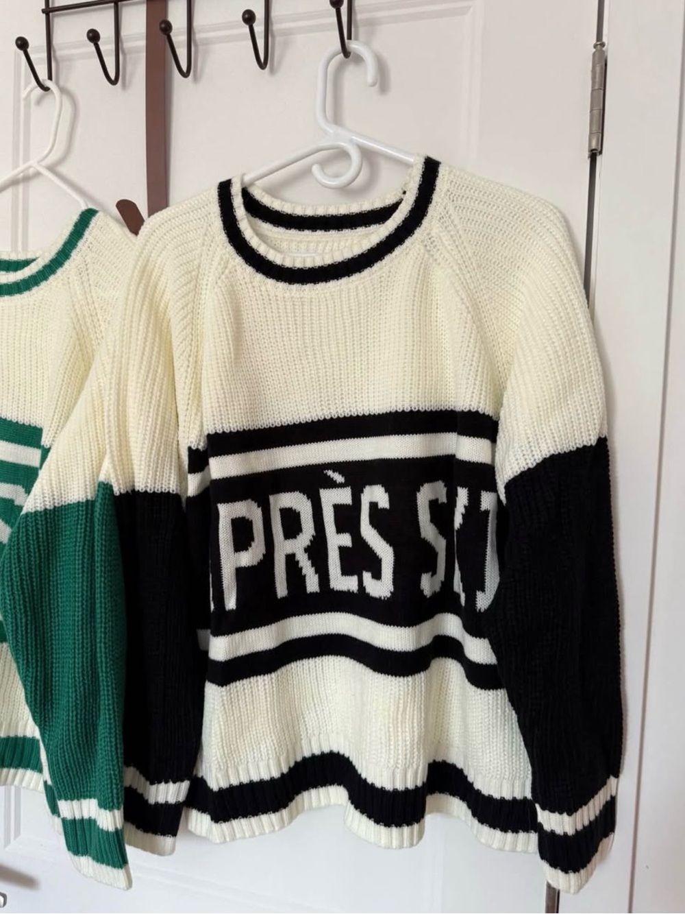 Muse Cream and Black Striped Knit Sweater with Apres Ski Graphic